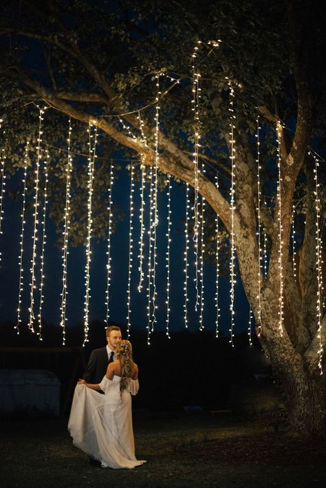 A Rustic Fairytale Wedding in Georgia - A PRINCESS INSPIRED BLOG | Dancing Under Magical Lights Hanging From a Tree Fairy Lights Wedding Reception Outdoor, Wedding Decor Fairytale, Fairy Lights Wedding, Fairytale Wedding Backdrop, Wedding Lanterns, Wedding Lights, Wedding Hanging Lights, Twinkly Lights Wedding Reception, Dream Wedding Fairytale