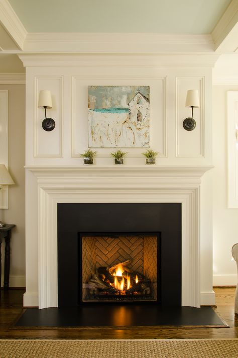 Gas fireplace with custom mantle and surround Fireplace Hearth, Fireplace Trim, Fireplace Doors, Fireplace Fronts, Fireplace Moulding, Fireplace Molding, Fireplace Surrounds, Wood Fireplace Surrounds, Fireplace Mantle