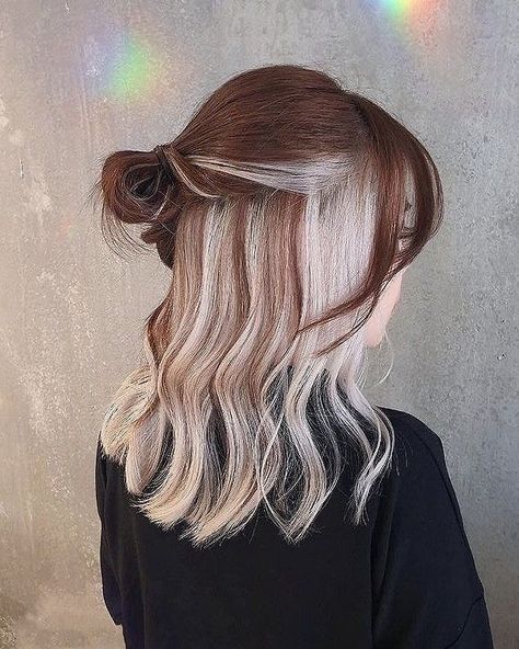 (paid link) hair color ideas  Products  Certified Natural Balayage, Dyed Hair, Dyed White Hair, Brown Hair Dye, Dyed Hair Brown, Brown Hair With Color Peekaboo, Brown Hair Dye Colors, Blonde Underneath, Peekaboo Hair Colors