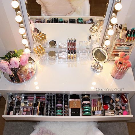 I just clean and organize my makeup drawer  #malm #dressingtable ,lights called Musik and mirror Kolja, all from #ikea  #makeupstorage #makeup #makeuproom #vanity #vanitytable #vanitymirror #makeupjunkie #beauty #makeuporganizer #smink #girlcave #sminkbord #Hudabeauty #vegas_nay Home Décor, Dressing Table, Makeup Desk, Vanity Room, Makeup Drawer, Vanity Goal, Vanity, Makeup Room, Glam Room