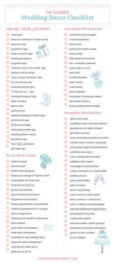 the ultimate wedding decor checklist by The Budget Savvy Bride! Get the free printable! #weddingdecor #checklist #printable #weddingprintable #weddingchecklist Wedding Decor, Wedding Reception Ideas, Invitations, Wedding Registry Ideas, Wedding Essentials Checklist, Wedding Budget Checklist, Wedding Supplies Checklist, Wedding Budget List, Wedding Checklists