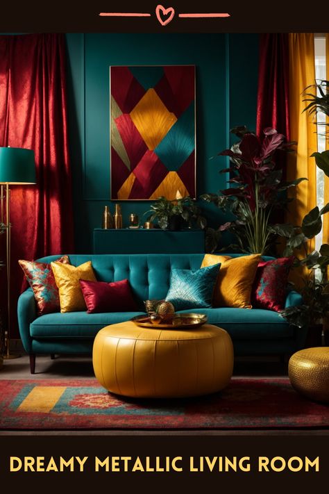 Unveil the magic of this jewel-tone living room, where luxury meets whimsy. The deep teal sofa, adorned with vibrant, richly hued pillows, invites a cozy retreat. A majestic artwork graces the wall, echoing the room's royal palette. Each piece, from the golden ottoman to the intricate rug, adds a touch of splendor. Surrounded by lush greenery and ambient lighting, this space is a testament to an opulent yet welcoming living experience, promising enchanted evenings. Home Décor, Jewel Tone Living Room Decor, Jewel Tone Living Room Ideas, Dark Teal Living Room, Jewel Tone Room, Teal Living Room Decor, Teal Living Rooms, Teal Rooms, Jewel Tone Bedroom