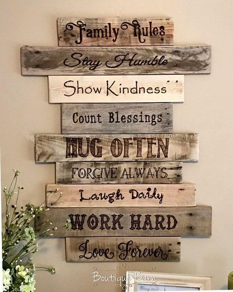 Staggered+Distressed+Plank+Pyrography+Art Wooden Signs, Home Décor, Wood Signs, House Rules Sign, Family Wood Signs, Rustic Signs, Rustic Wall Decor, Personalized Wall, Rustic Decor