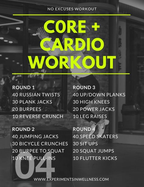Core + Cardio Workout - Experiments In Wellness Full Core Workout Gym, Abb And Cardio Workout, Abs Emom Workout, Core Crossfit Workout, Amrap Core Workout, Mixed Cardio Workout At Home, Cardio Workout At Home For Men, Core Hit Workouts, Cardio Workout At Home List
