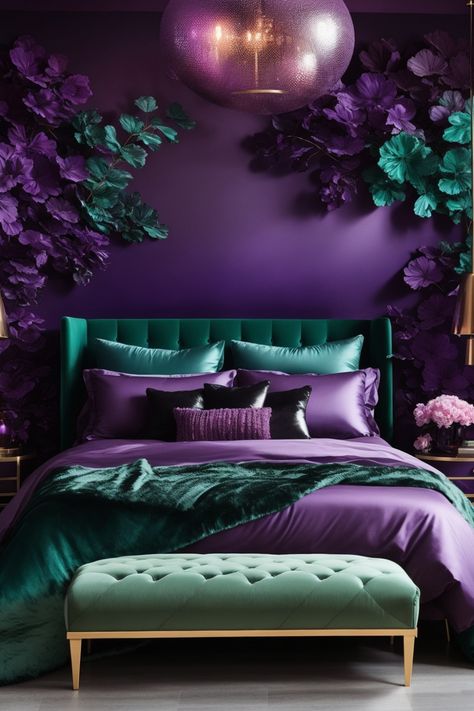 Embrace the enchantment of twilight in this majestic bedroom, where deep purple Ombre wall decor fades into midnight blue, evoking the mystery of dense forests. Opulent botanical autumn wall art, with leaves and blooms springing forth, weaves an alluring tale. A sumptuous bed with velvet drapes in emerald green awaits beneath a moonlit globe pendant light. Golden accents add regal touches as fresh flowers and plush textures envelop you in lavish comfort. Experience nature's majesty. Twilight Saga, Interior, Decoration, Purple And Gold Bedroom Ideas, Jewel Tone Bedroom, Purple Bedroom Decor, Dark Purple Bedroom Ideas, Midnight Blue Bedroom, Purple And Gold Bedroom