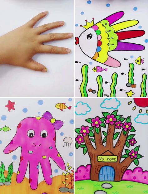 Crafts, Diy, Handprint Art, Handprint Art Kids, Kids Art Projects, Easy Drawing For Kids, Painting For Kids, Kids Drawing Projects, Easy Drawings For Kids