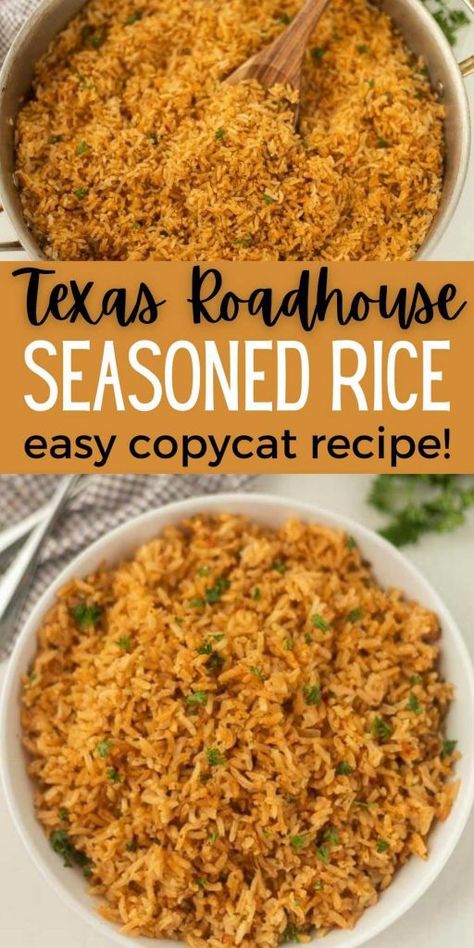 Learn how to make this Texas Roadhouse seasoned rice for the best side dish for any dinner. This flavorful copycat rice recipe can be made in less than 30 minutes and everyone loves it. #eatingonadime #sidedishes #sidedishrecipes #copycatrecipes Casserole, Pasta, Quinoa, Texas Roadhouse Rice Recipe, Texas Roadhouse Recipes, Copycat Recipes Texas Roadhouse, Texas Roadhouse Rice Pilaf Recipe, Texas Roadhouse, Moes Seasoned Rice Recipe Copycat