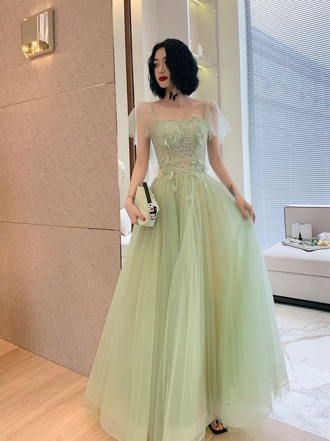 Tulle, Haute Couture, Cap Sleeve Prom Dress, Tulle Evening Dress, Lace Evening Dresses, Light Green Prom Dresses, Light Green Prom Dress, Prom Dresses With Sleeves, Long Tulle Dress