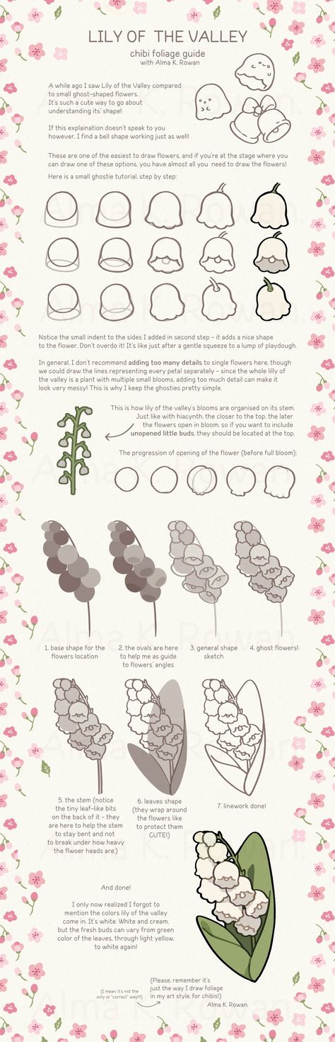 Alma🌿🍎 op X: 'Chibi Foliage Guide: Lily of the Valley 👻 https://t.co/oe8Rzb1hlJ' / X Nature, Flora, Inspiration, Draw, Lilies Drawing, Chibi Hands, Flower Drawing, Drawing Tutorial, Flower Art