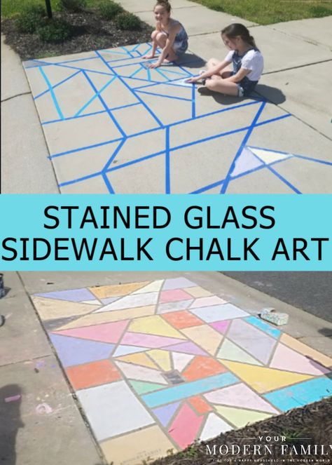 This stained-glass art is awesome! Use some sidewalk chalk & head outside to make this design with the kids! They are going to love it & it's a perfect activity to use their energy & imagination on #homeschooldays or during #freetime Pavement Chalk Art, Outdoor, Sidewalk Chalk Art, Chalk Art, Sidewalk Chalk, Art Activities, Camping Art, Kunst, Outside Activities
