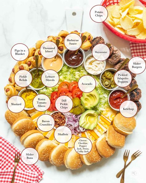 A New Charcuterie Board Concept for Your Next Cookout -- Build Your Own (Slider) Burger Bar! Burger Bar, Brunch, Burger Bar Toppings, Gourmet Burger Bar, Charcuterie And Cheese Board, Burger Sliders, Burger Bar Party, Sandwich Bar, Sandwich Board