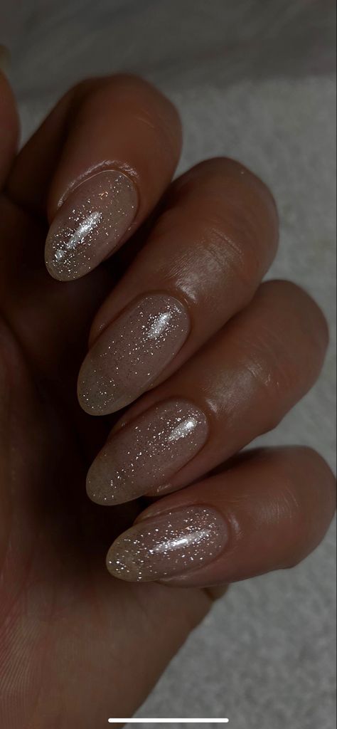 Ideas, Golden Nails, Gold Glittery Nails, Gold Glitter Nails, Glittery Nails, Classy Almond Nails, Nude Shimmer Nails, Clear Glitter Nails, Gold Sparkle Nails