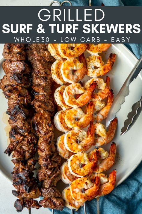 These Grilled Surf and Turf Skewers are the easiest way to make an impressive surf and turf meal with simple and healthy ingredients. Marinate steak and shrimp kabobs and cook them on the grill. Healthy Recipes, Grilled Kabob Recipes, Skewers Grill, Kabob Skewers, Shrimp Kabobs, Grilling Kabobs, Marinated Steak, Steak Kabobs, Bbq Recipes