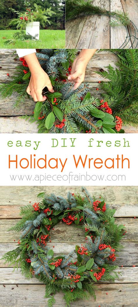 Make a beautiful Christmas wreath using fresh evergreen cuttings in 20 minutes! Looks great year round. Detailed tutorial and video! - A Piece Of Rainbow Diy, Ideas, Fresh, Christmas Wreaths To Make, Christmas Wreaths Diy Easy, Christmas Wreaths For Front Door, Christmas Wreaths Diy, Christmas Arrangements, Fresh Christmas Wreath