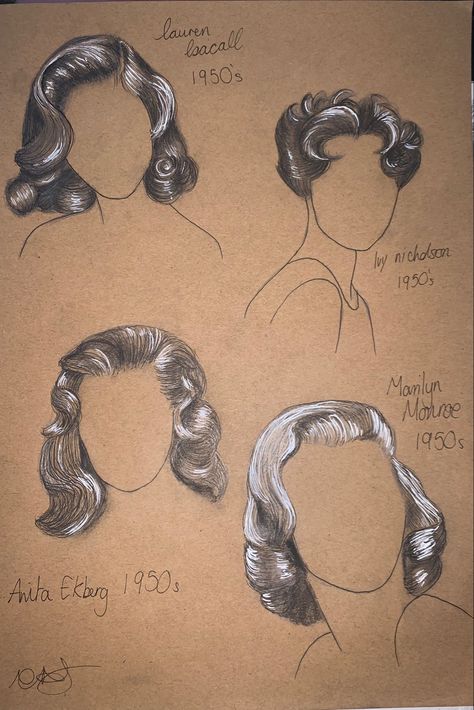 Vintage, Vintage Hair, How To Draw Hair, Hair Sketch, 1950s Drawing, Old Hairstyles, 1940s Hair, 1940s Hairstyles, 1950s Hair