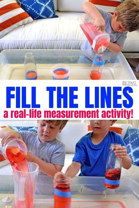 Measurement -- students fill different containers to a taped line using liquids and sand. This is also a sensory activity. Activities For Kids, Sensory Activities, Toddler Learning Activities, Pre K, Water Play Activities, Activity Days, Literacy Activities Preschool, Play Activities, Toddler Learning
