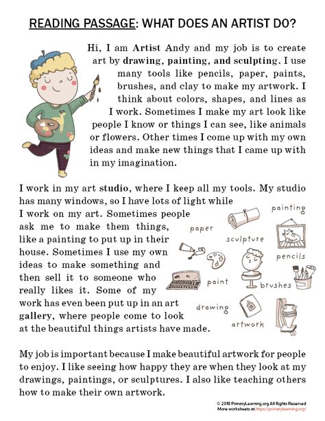What does an artist do? Free printable artist reading passage for second-grade students. This reading worksheet will help students practice their comprehension skills. Kids encouraged to learn more about the topic and do a research using different sources.     The font style and size appropriate for grade 2 students. Each line has Reading, Reading Comprehension Lessons, Reading Comprehension Passages, Reading Passages, Teaching English, Reading Comprehension Worksheets, English Reading Skills, English Lessons For Kids, Reading Writing