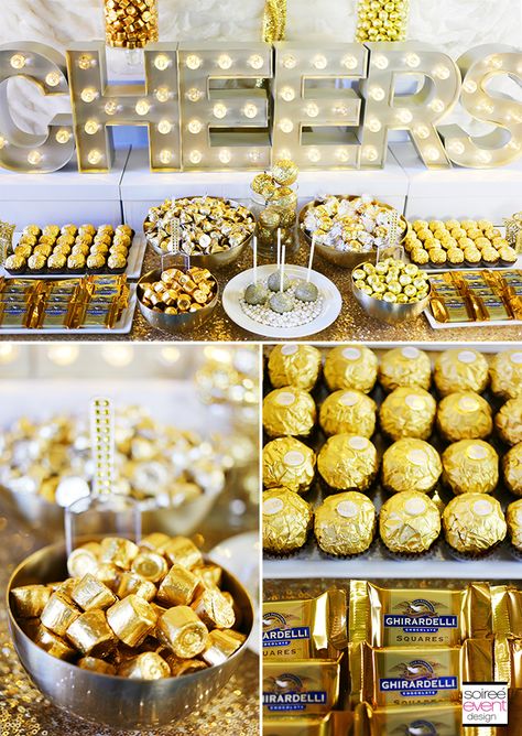 | THE GOLD TREND: How to Set Up a Holiday Gold Candy Table! | http://soiree-eventdesign.com Candy Buffet, Gold Candy Buffet, Candy Buffet Tables, Candy Buffet Ideas Birthday, Wedding Candy, Gold Party, Candy Table, Gold Birthday Party, Birthday Party Tables
