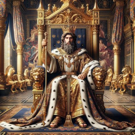 A majestic portrayal of King David sitting on a grand throne in a royal court. Adorned in regal robes and a crown, holding a scepter. The throne room is richly decorated with intricate tapestries and golden accents, reflecting the splendor of his kingship. David's expression is wise and confident. God, Architecture, Instagram, Santos, Noble Ranks, Kings Man, Medieval Times, King On Throne, Throne