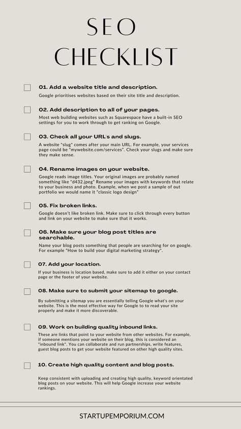An beige SEO checklist numbered one to ten Content Marketing, Coaching, Inbound Marketing, Marketing Strategy Social Media, Search Engine, Social Media Marketing Plan, Social Media Strategies, Social Media Marketing Content, Website Checklist