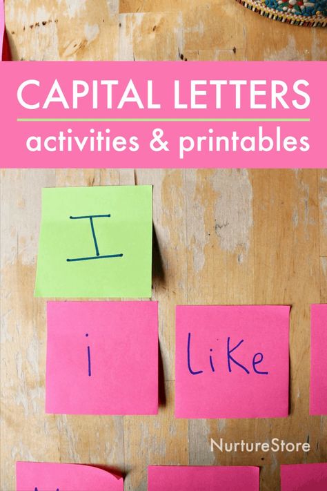 Sticky note easy activity to teach capital letters in sentences - NurtureStore Letter Games, Pre K, Spelling Centers, Letter Learning Activities, Learning Letters, Sentence Activities, Letter Activities, Grammar Lessons, Writing Activities