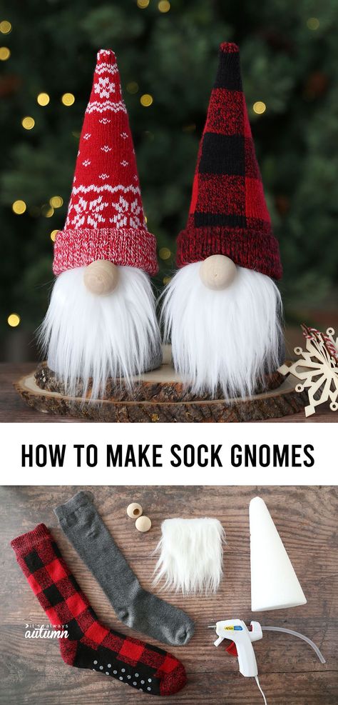 Learn how to make adorable sock gnomes for Christmas or any other holiday! Diy, Diy Gnomes, Diy Autumn Crafts, Diy Christmas Gifts, Christmas Crafts To Make, Christmas Fabric Crafts, Christmas Crafts Diy, Sock Crafts, Easy Diy Holiday Crafts