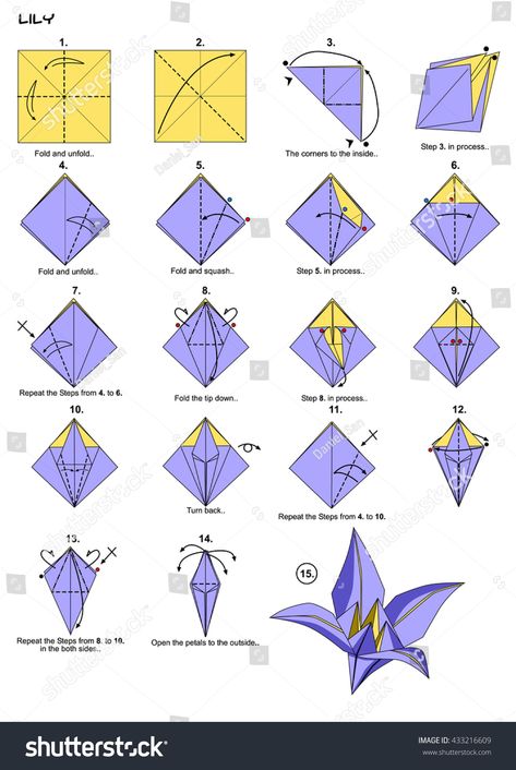 Origami Flower Lily Instructions Steps Stock Illustration 433216609 Diy, Quilling, Origami, Origami Instructions, Origami Paper, Origami Easy, Origami Diagrams, Paper Origami Flowers, Diy Origami