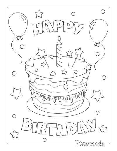 Happy Birthday Coloring Pages Layered Cake Stars Confetti Balloons Happy Birthday Coloring Pages, Happy Birthday Crafts, Birthday Coloring Pages, Birthday Printables, Happy First Birthday, Kids Birthday Cards, Birthday Cards, Happy Birthday, Happy Birthday Fun