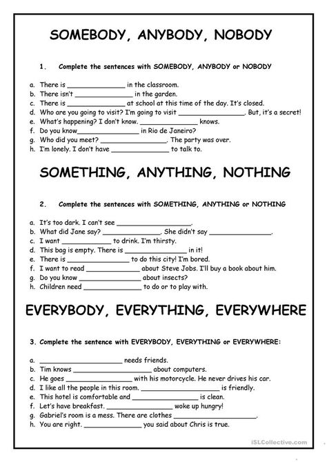 SOMEBODY, ANYBODY, NOBODY, SOMETHING, ANYTHING, ETC - English ESL Worksheets for distance learning and physical classrooms Worksheets, Roman, Indefinite Pronouns, Learn English, Grammar Lessons, Teaching Grammar, Learn English Grammar, English Lessons For Kids, Teaching English