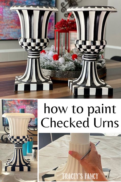 Have you seen how much those MacKenzie-Childs topiary urns sell for? $800!!! This is a budget-friendly way to get the same look. I'm all about the black + white patterns so I'd love to show you how I did it. Click over to the blog to see them in action ... and how I decorated them with pumpkins at Halloween. Plus I'll give you the exact paints I used, where I bought the original urns & exactly how to weather proof them so they can sit on your front porch for any season! #christmasporch #diydecor Decoration, Home Décor, Upcycling, Painted Furniture, Diy Home Décor, Whimsical Painted Furniture, Painted Pots, Funky Painted Furniture, Diy Home Decor