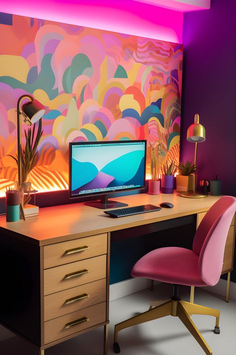 Artistic colorful girly desk setup Ideas, Interior Design, Art, Inspiration, Decoration, Led, Deco, Interieur, Office