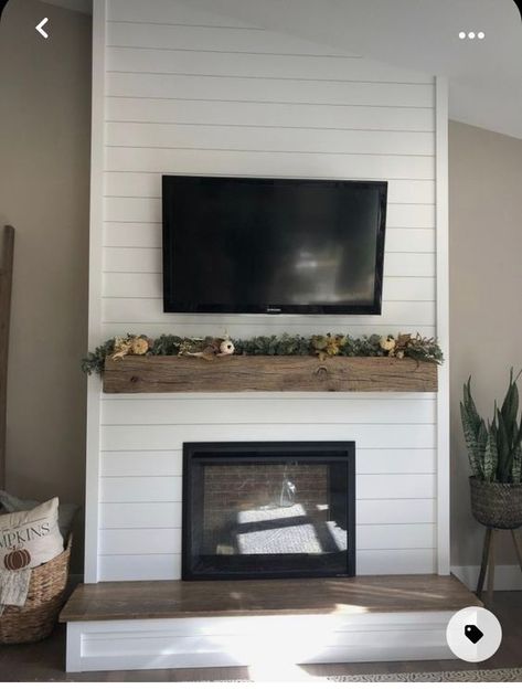 White Shiplap Fireplace with Rustic Mantel Shiplap Fireplace, Diy Shiplap Fireplace, Fireplace Mantle, Fireplace Wall, Fireplace Remodel, Fireplace Makeover, Fireplace Ideas, Fireplace Built Ins, Corner Fireplace