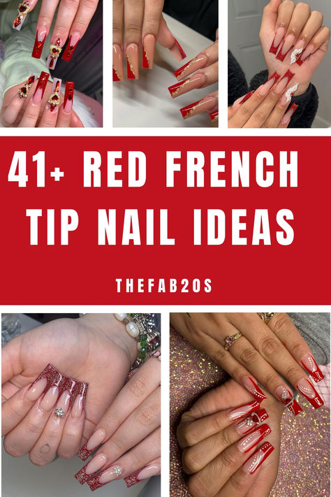These gorgeous red French tip nails are a CLASSIC. Whether you want minimal red French or long extra french manicure, we've got something here for you Minimal, Reverse French Nails, Red French Manicure, Red Tip Nails, French Tip Nails, Black French Nails, French Manicure Nails, White Tip, French Nail Designs