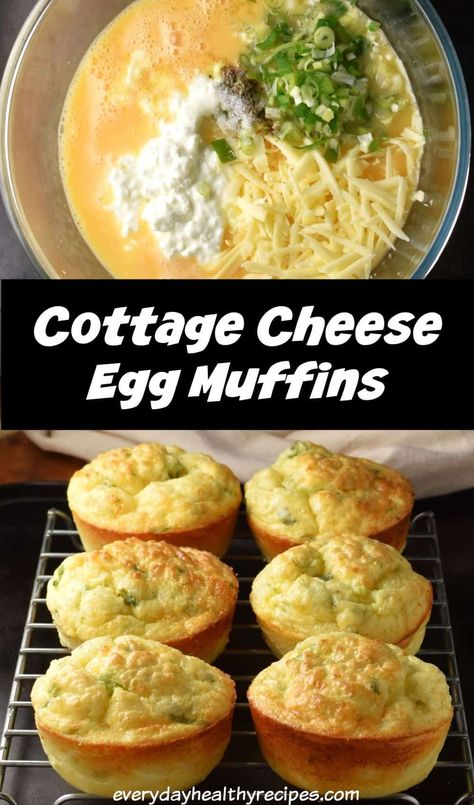 Top down view of cottage cheese egg muffin batter in bowl and side view of baked egg cottage cheese muffins. Healthy Recipes, Paleo, Low Carb Recipes, Cottage Cheese Muffins, Breakfast Egg Muffins, Egg Muffin Cups, Egg Muffins Breakfast, Egg Muffins, Egg Muffin