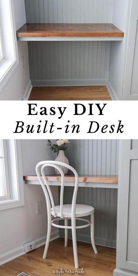 DIY built in desk or DIY built in computer desk with DIY wood desk top and chair as part of office DIY built ins Inspiration, Play, Diy Built In Desk, Built In Desk And Shelves, Built In Desk With Tv, Built In Computer Desk, Built In Desk, Desk In Closet Ideas, Built In Bookcase