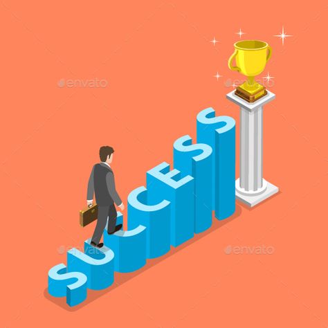 Stairs to success isometric vector concept. Businessman is walking to the winner cup by the stairs that looks like the word SUCCES Studio, Design, Digital Marketing, Digital Marketing Strategy, Stairs Graphic, Isometric Design, Education Poster Design, Concept, Infographic