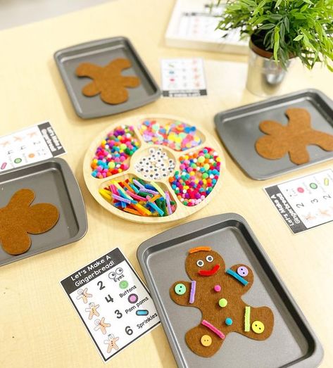 Allie Apels on Instagram: "Gingerbread Loose parts Math This is such a fun man way to practice number recognition and counting. Learners pick a decorating card, identify the number on the recipe card and place the corresponding number of items on their gingerbread man. Such a creative and festive way to build number sense! Thank you, @dashintokindie for these awesome cards! You can find them in her TPT shop! Felt Gingerbread men - Micheals Bamboo sorting tray - @little.larch Mini Cookie Pre K, Montessori, Diy, Crafts, Gingerbread Math Activities, Gingerbread Math, Gingerbread Activities Preschool, Gingerbread Man Math, Gingerbread Unit