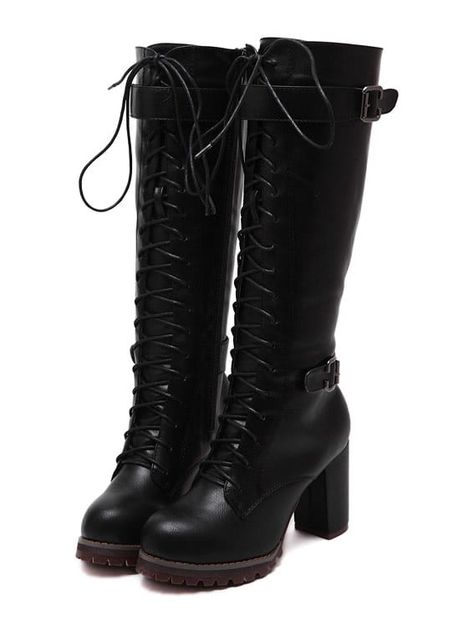 Black High Block Heel Lace Up High Boots | SHEIN Outfits, High Heel Boots Knee, Knee High Heels, Black Lace Up Boots, Lace Up High Heels, Black High Heels, Knee High Boots, Chunky Heels Boots, Tall Lace Up Boots