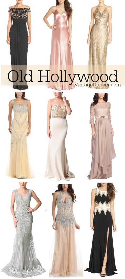 1930s evening dresses and gowns inspired by Old Hollywood fashion and glamour. Old Hollywood Glamour Homecoming, Old Hollywood Style Dresses, Hollywood Glam Dresses, Hollywood Outfit Ideas Party Women, Hollywood Style Outfits, Hollywood Dresses Homecoming, Old Hollywood Costumes, Old Hollywood Gown, Old Hollywood Dress Gowns