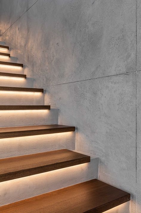 A modern home with concrete and wood stairs, that also include hidden lighting underneath the treads Design, Ideas, Decoration, Architecture, Dekorasyon, Klinik, Led, Dream, Staircase Design