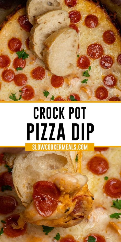 Close-up of crock pot pizza dip with bread being dipped in it