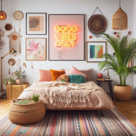 Bright, bold, and full of energy, this bohemian bedroom is all about embracing the good vibes. Pin this to your "Dream Home" board as inspiration for creating a space that's as lively and joyful as you are. With a neon sign to light up the room, it's perfect for anyone looking to add a splash of personality to their sanctuary. #LuxuryParentalRetreats #BohoChic #HomeDecor #JoyfulSpaces Bedroom Ideas, Boho Chic, Bedroom Décor, Bohemian Bedrooms, Bright Bedroom Decor, Bright Bedroom Ideas, Bedroom Inspirations Colorful, Bedroom Decor, Colorful Bedroom Designs