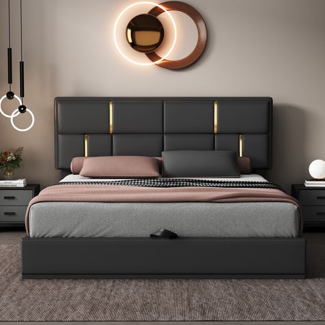 [Elegant Design] Upholstered in carefully-selected soft fabric, with gold decoration on the headboard, this platform bed not only suits any home décor, but is timeless in its design. Suits, Design, Decoration, Upholstered Platform Bed, Queen Platform Bed, Platform Bed Designs, Bed Headboard Design, Queen Size Bedding, Platform Bed