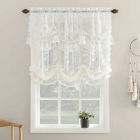 No. 918 Alison Floral Lace Sheer Rod Pocket Window Tie-up Shade is an elegant jacquard lace window tie-up shade with an attractive scalloped bottom and edges for a delicate look.