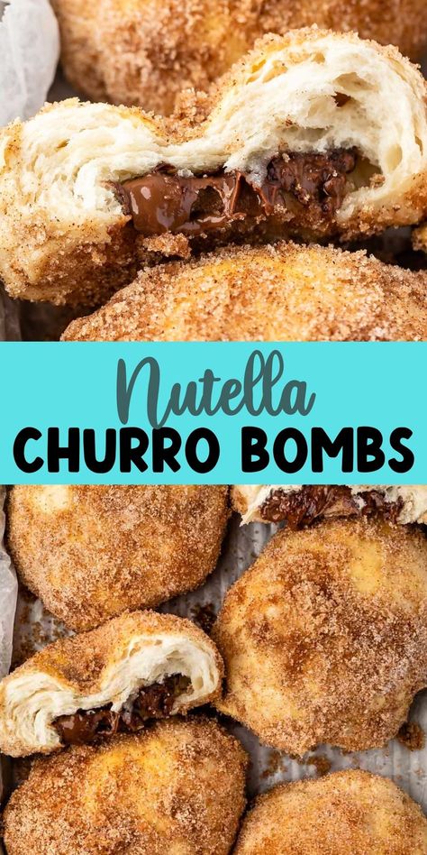 Nutella Churro Bombs are easy chocolate Biscuit Bombs coated in cinnamon sugar like a churro - these are perfect for breakfast, brunch or dessert! Brunch, Desserts, Nutella, Mini Desserts, Nutella Recipes, Dessert, Nutella Biscuits, Nutella Desserts Easy, Nutella Desserts