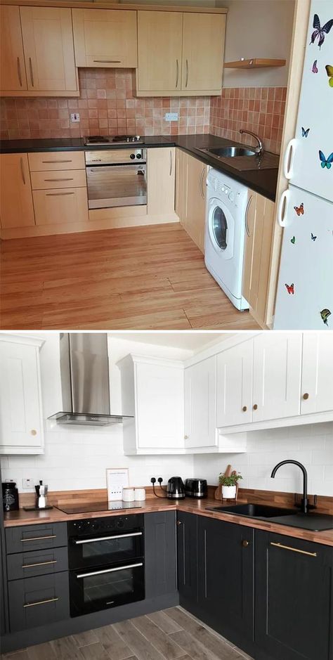 Before And After Of My Small Apartment Kitchen. I Don't Miss The Orange! (Louth, Ireland) Design, Closed Kitchen, Home Décor, Kitchen Remodel Before And After, Kitchen Remodel, Kitchen Makeover, Before After Kitchen, Small Apartment Kitchen, Before And After Home Interior