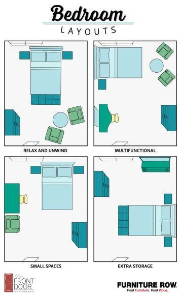 This Bedroom Layout Guide has four bedroom layouts to show how to arrange your bedroom furniture. Maximize relaxation, storage, and small spaces in style! Small Room Design, Small Bedroom Layout Ideas, Bedroom Furniture Layout, Small Bedroom Layout, Bedroom Makeover, Bed Placement, Bedroom Furniture, Bedroom Layouts, Apartment Decor
