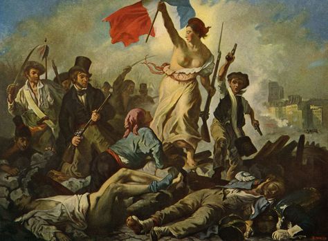 La Liberté Guidant Le Peuple (Eugène Delacroix, 1830)          Long before Anne Hathaway “dreamed a dream,” Delacroix’s Liberty waved the flag of the July Revolution. Barefoot and bare-breasted, Liberty strides over the barricades, her disarrayed dress suggesting ancient Greek democracy and her Phrygian cap recalling the first French Revolution (1789). History, Bastille Day, Historia, Eugène Delacroix, Revolution, Sanat, Eugene, Louvre, Romanticism