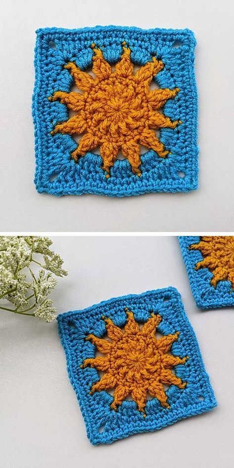 a blue crochet granny square with a sun yellow central motif Crochet Squares, Patchwork, Amigurumi Patterns, 6 Sided Granny Square Crochet, Square Crochet Pattern, Crochet Square Patterns, Unique Crochet Blanket, Single Color Granny Square Crochet, Crochet Unique Granny Square