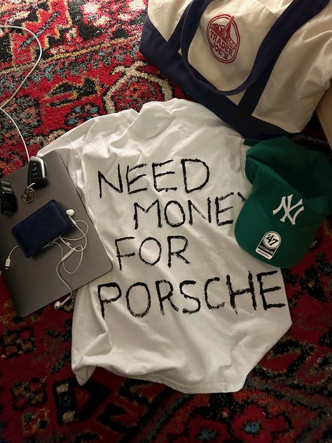 need money for porsche white t-shirt forest green baseball cap ny yankees blue Louis Vuitton wallet trader joes bag apple MacBook earbuds rug aesthetic Porsche, Design, Shirts, Men's Fashion, Streetwear Fashion, Mens Fashion, Auto, Dream Cars, My Style